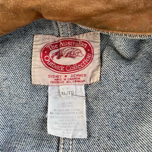 š„VTG Australian Outback Denim Jacket Barn Chores Cargo Pockets Leather Trim XL - Picture 11 of 16